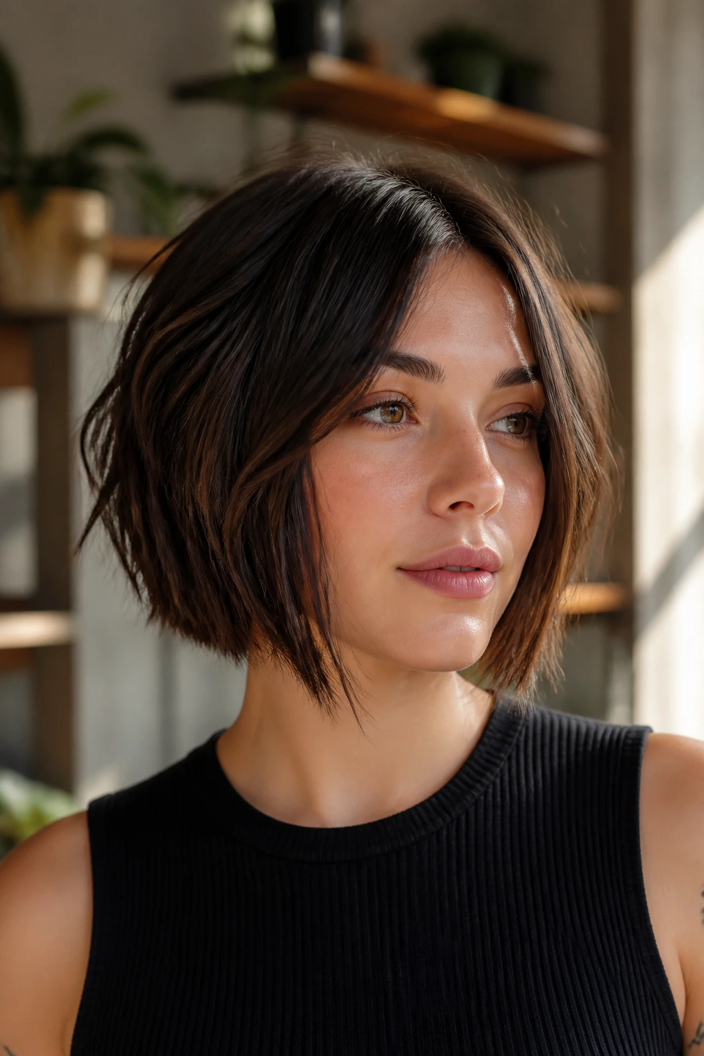 Real woman with blunt-to-choppy hybrid bob in a sunny interior