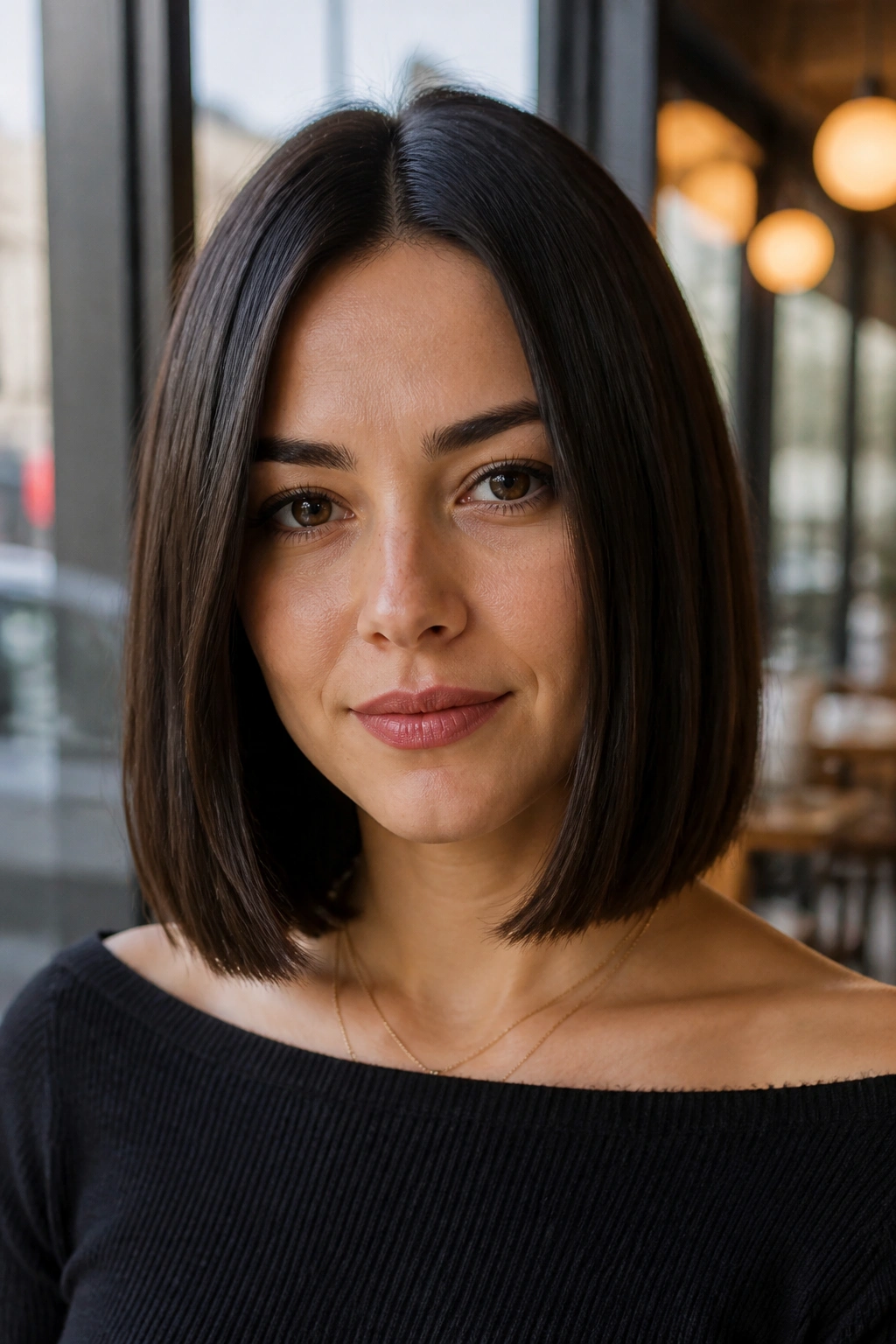 Close-up of a real woman with a blunt collarbone-length bob