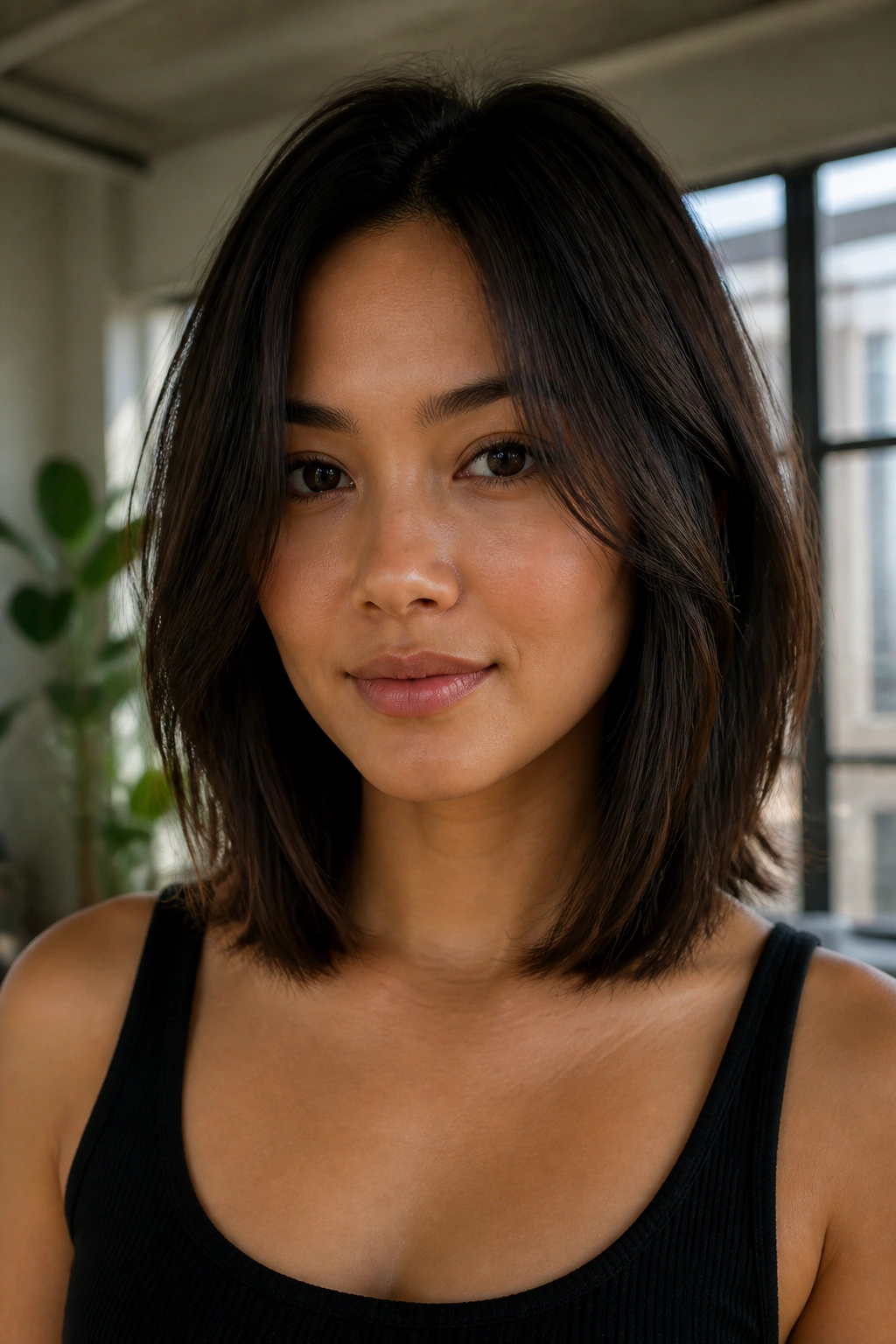 Real woman with blunt collarbone cut and internal layers
