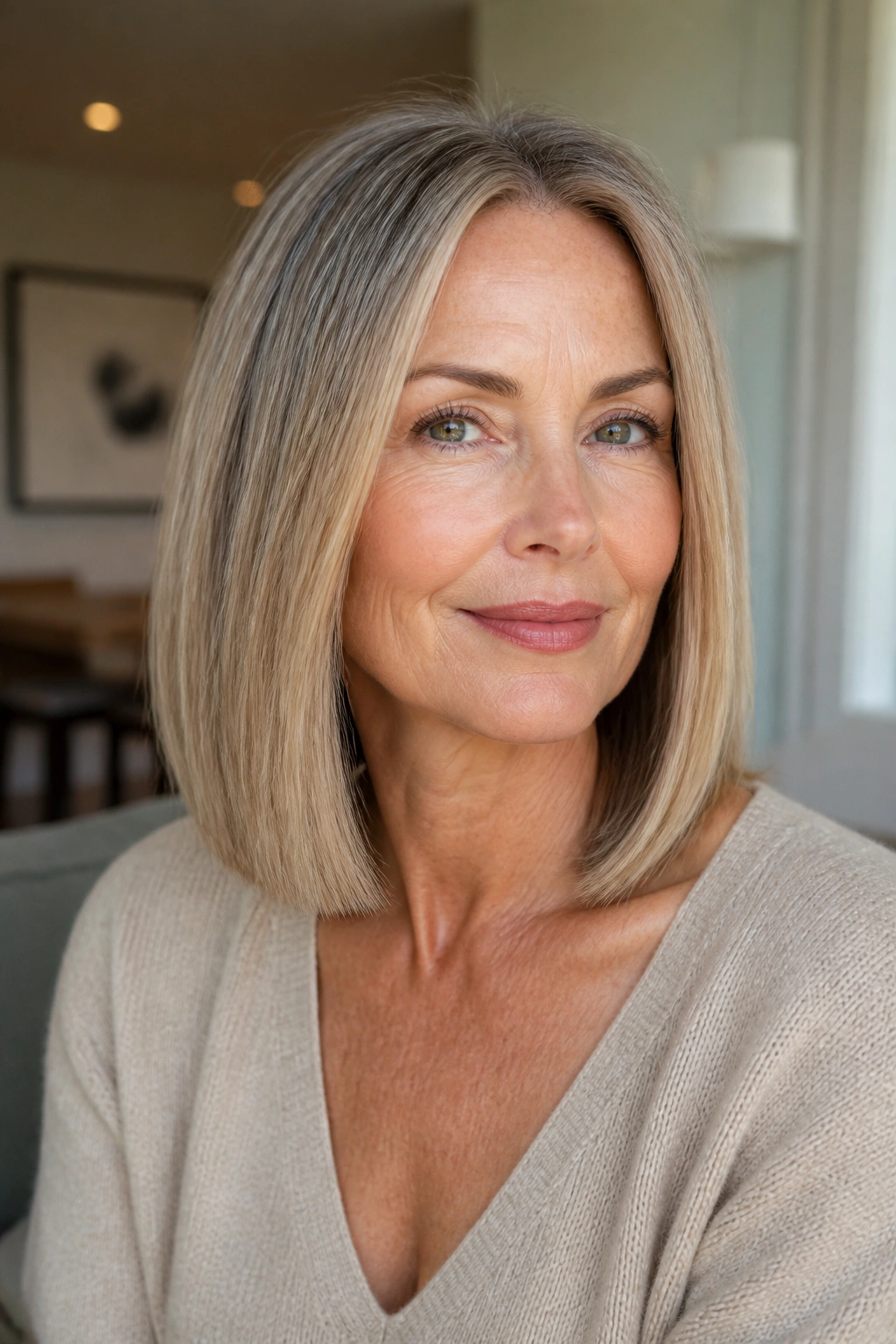 Portrait of a woman with a blunt collarbone haircut in natural light.