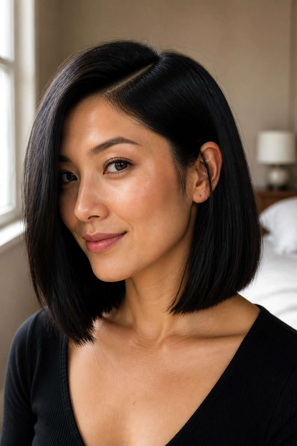 Close-up of a real woman with a blunt collarbone lob and deep side part in natural window light