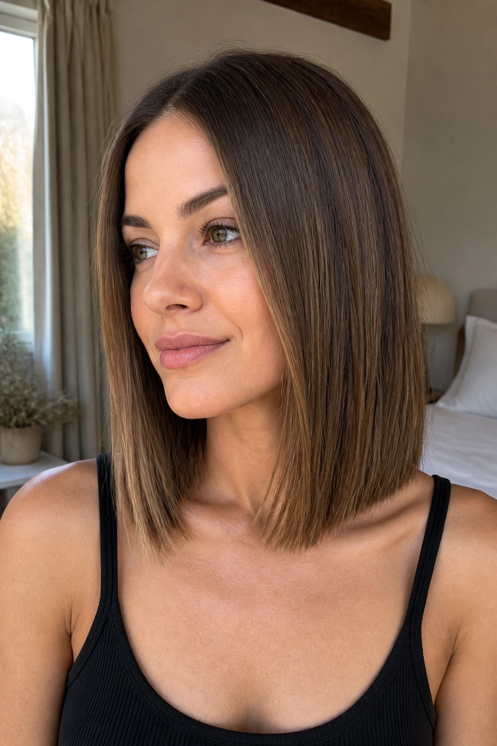 Close-up of a woman with a blunt collarbone-length lob and dense, glossy ends.