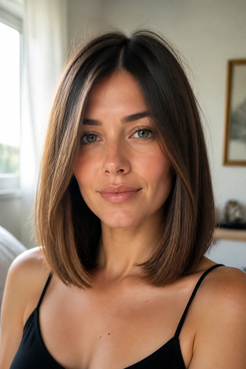 Close up portrait of a real person with a blunt collarbone length lob and clean straight ends