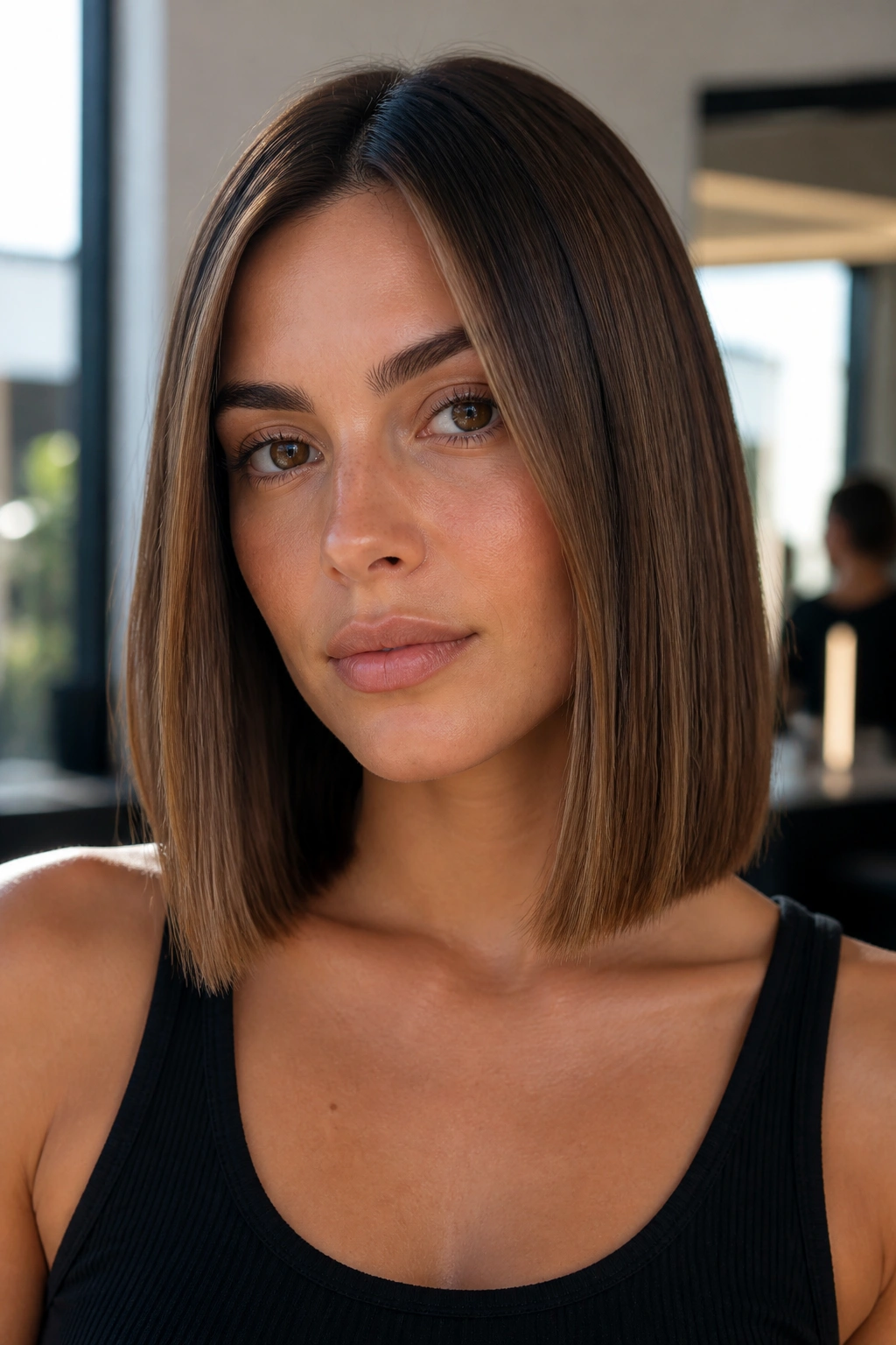 Close-up portrait of a real woman with a blunt collarbone lob in natural window light