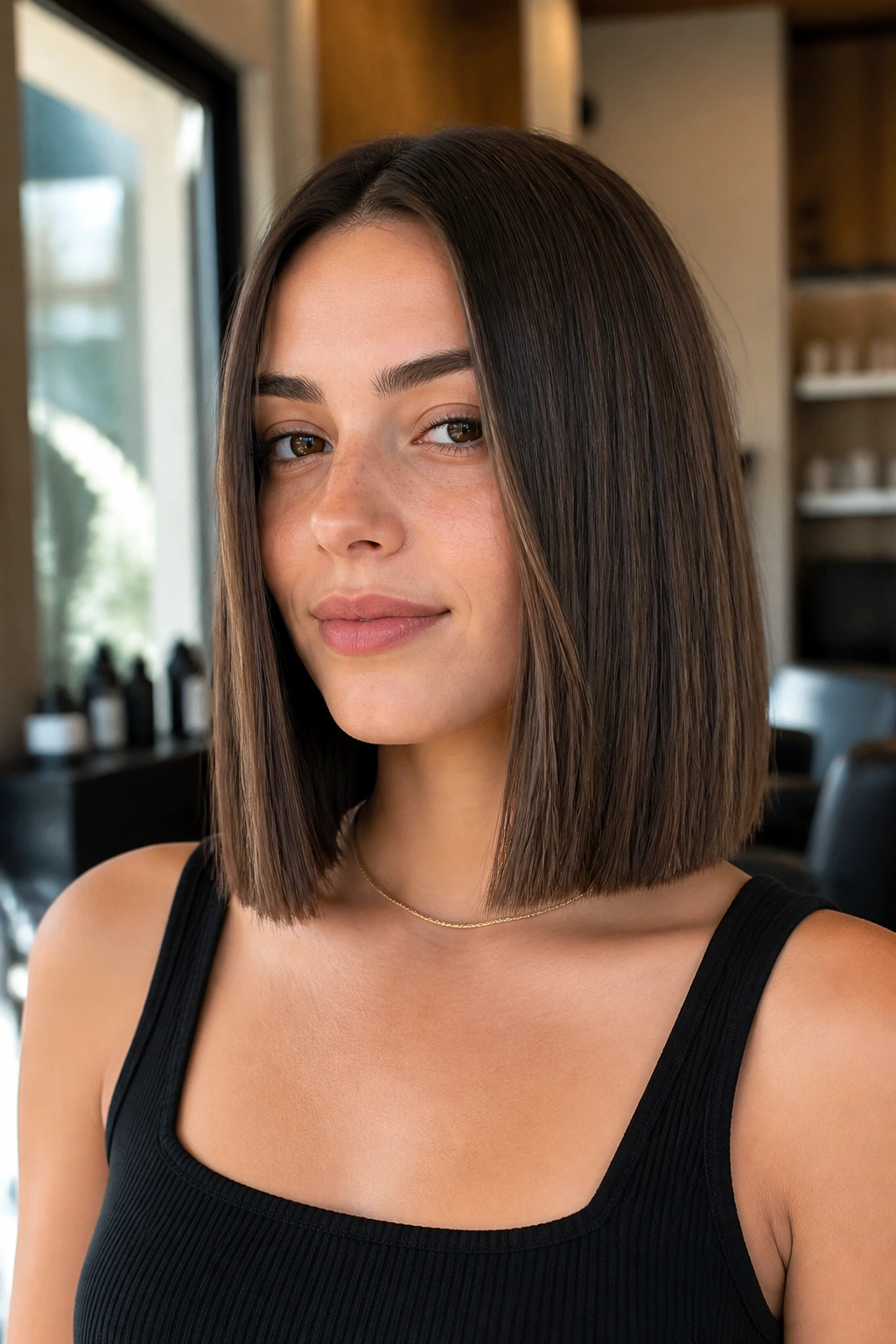 Close-up of a real woman with a blunt collarbone lob