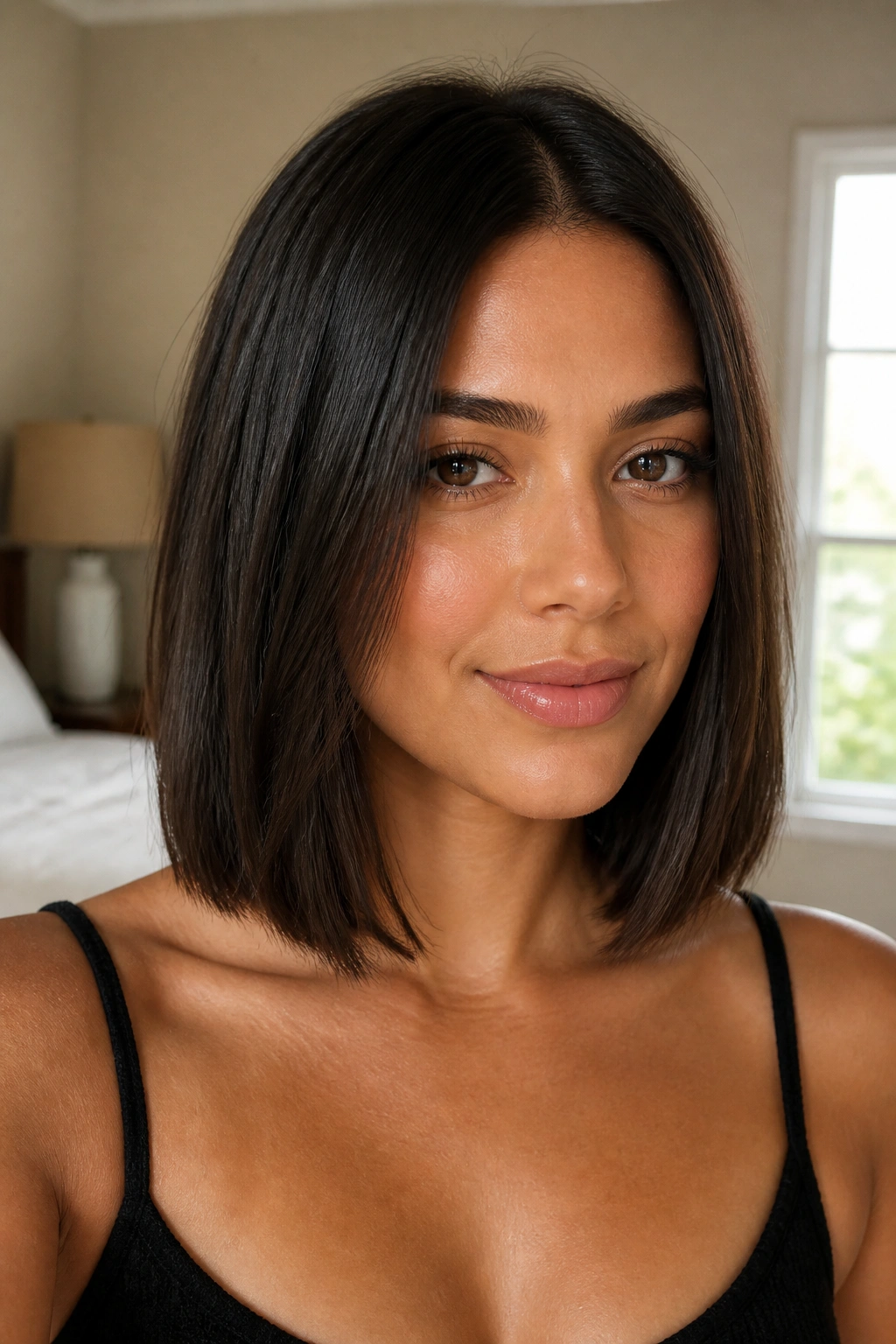 Close-up of a real woman's thick hair in a blunt collarbone-length lob under warm window light