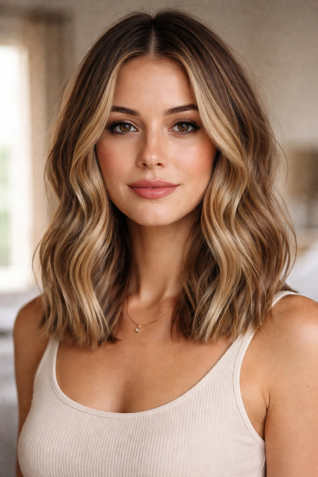 Close-up portrait of a real woman with a blunt collarbone-length lob and defined waves.
