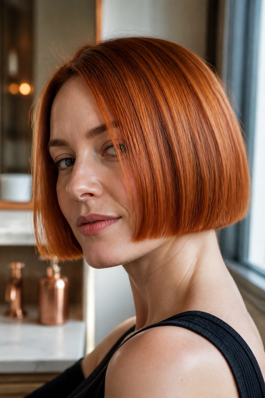Close-up of a real woman with a blunt copper bob for fine hair, crisp edge and warm tones