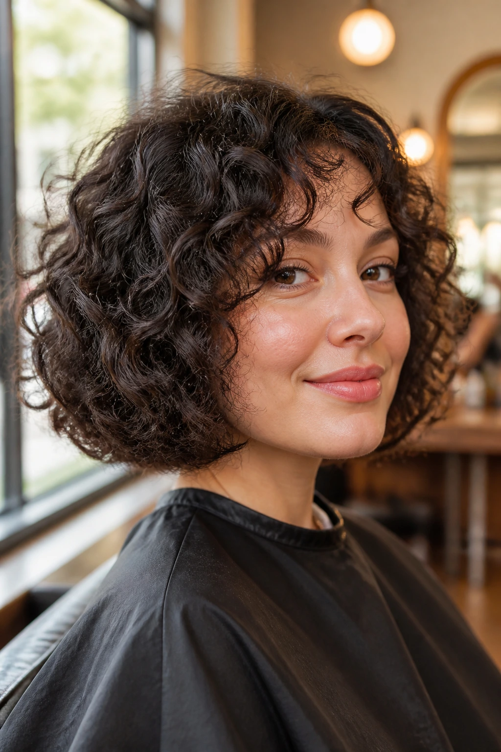 Close-up portrait of a woman with blunt curly bob showing clean outer edge and inner texture.