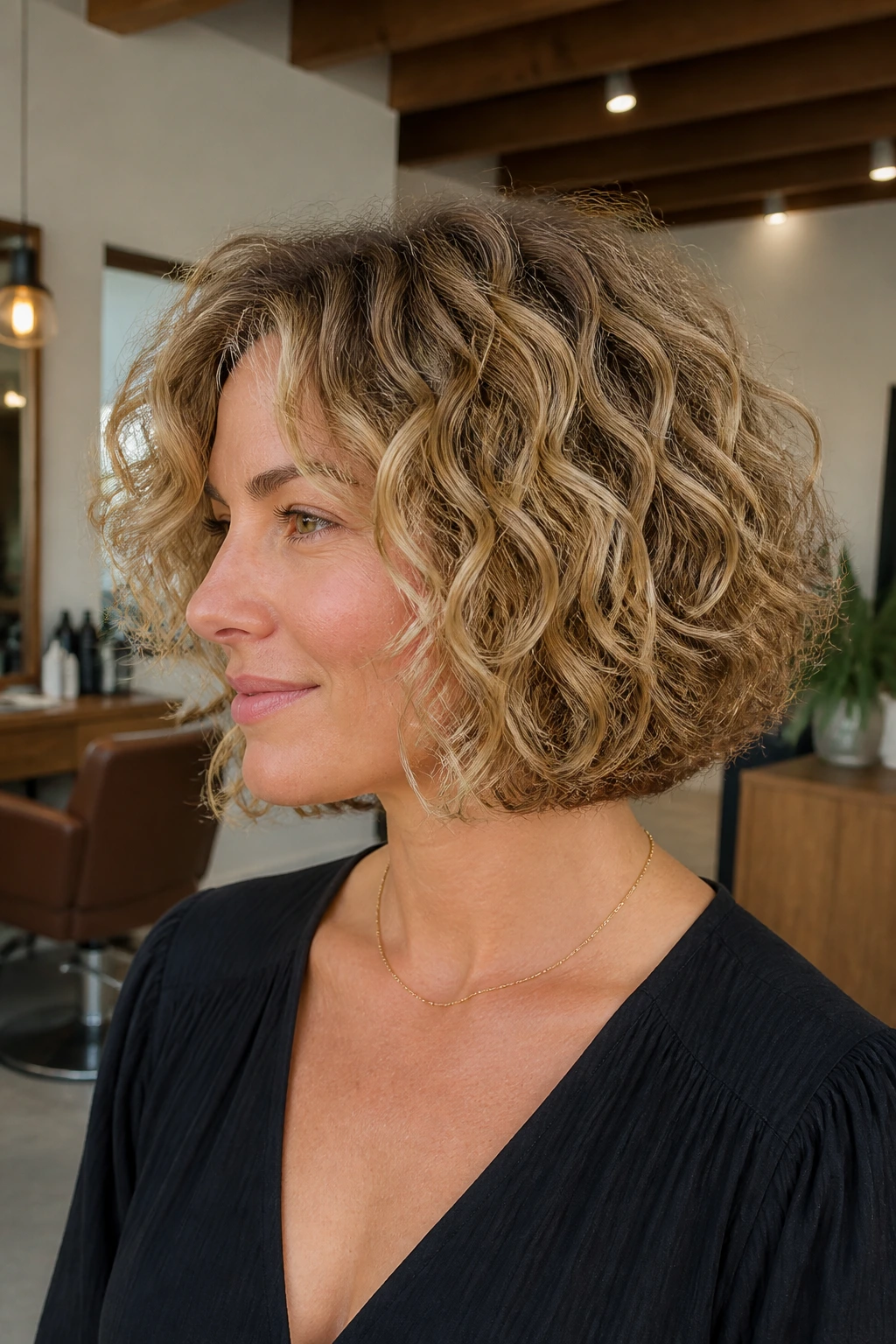 Medium close-up of a real woman with a blunt curly bob and hidden internal layers.