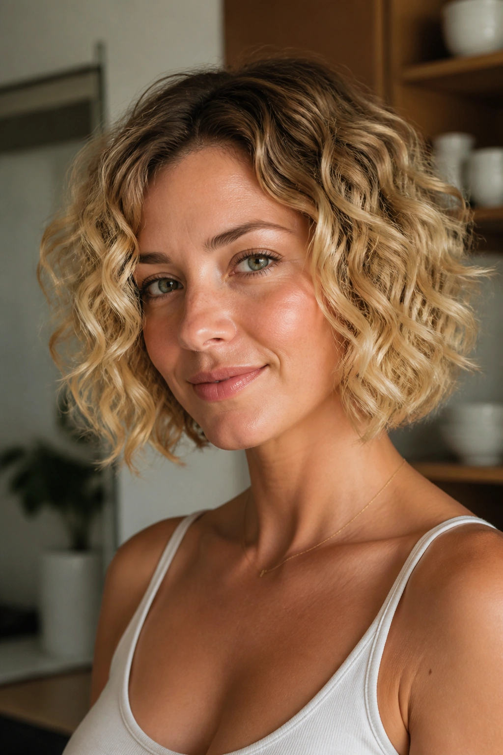 Real woman with blunt curly bob and piecey ends in warm indoor light