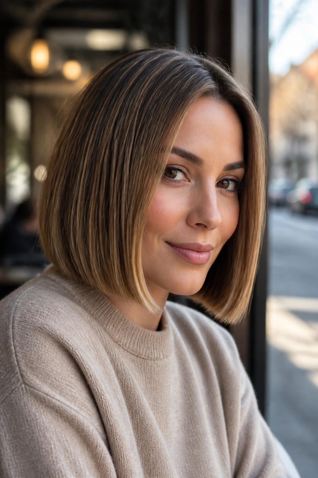 Close-up portrait of a real woman with a blunt bob and subtle babylights