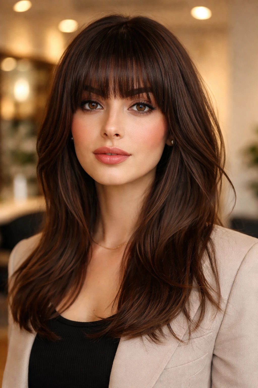 Real woman with blunt fringe and long face-framing layers portrait