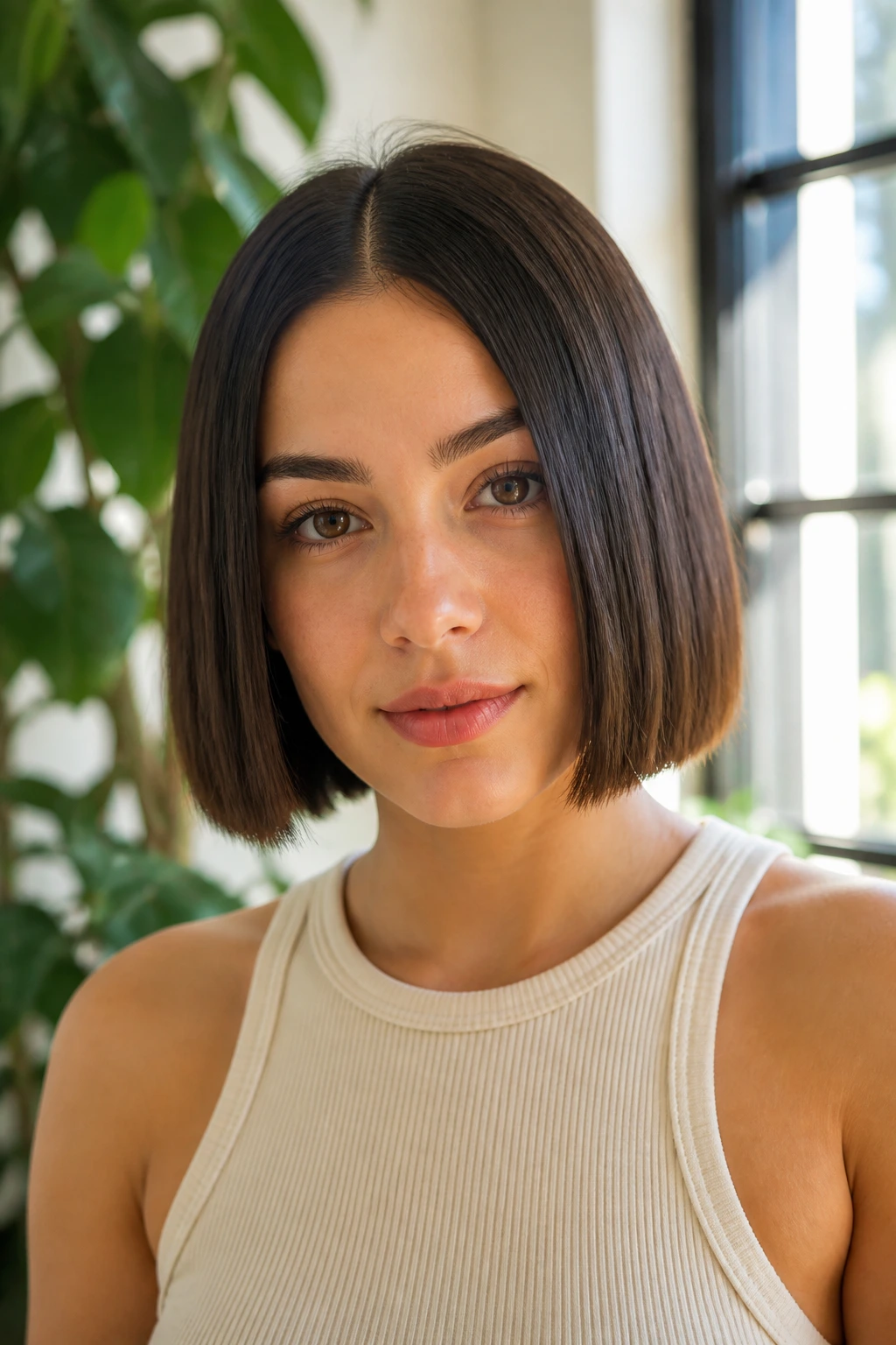Real woman with blunt cut bob and middle part