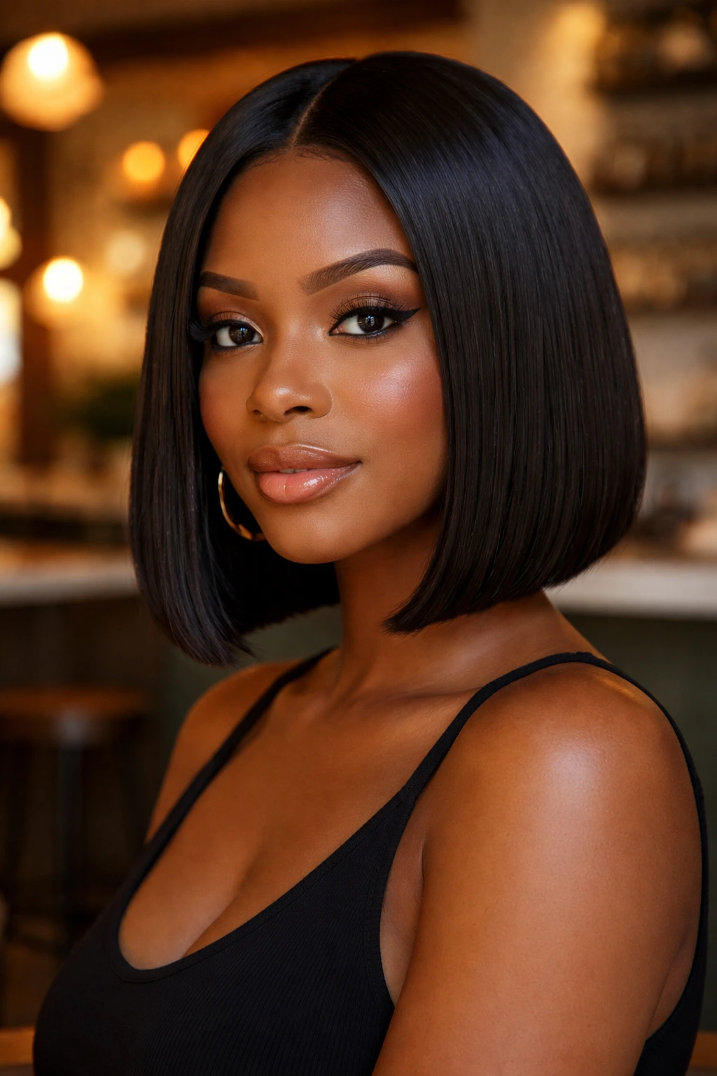 Real woman with blunt cut bob below chin in cafe setting