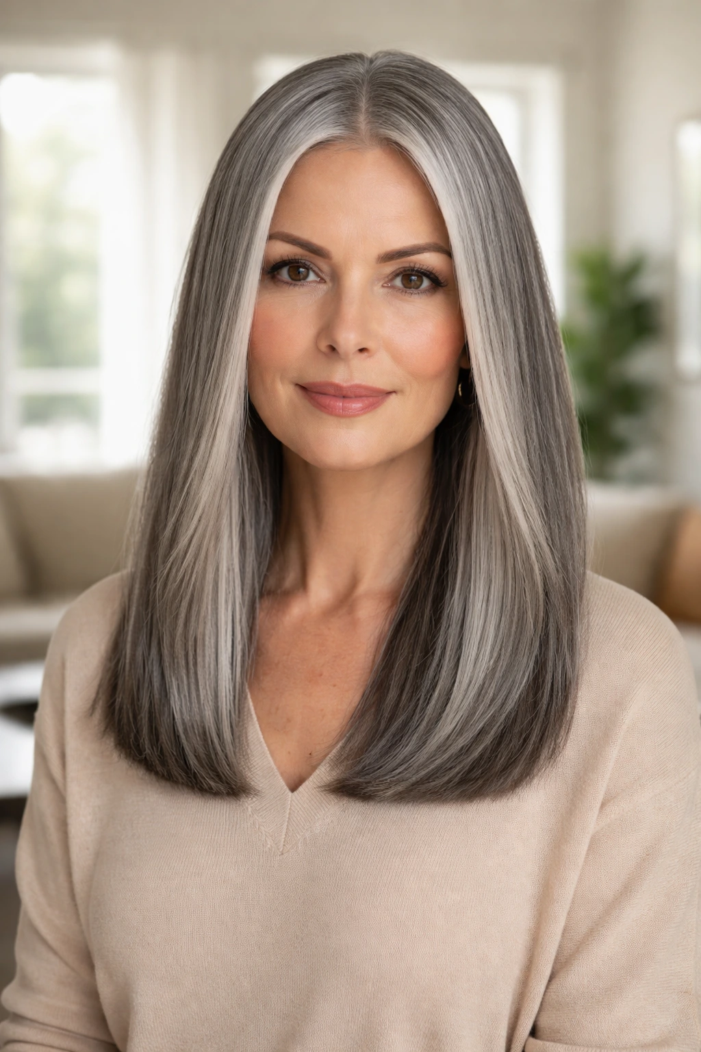 Close-up portrait of a woman with a long blunt cut and center part in grey hair
