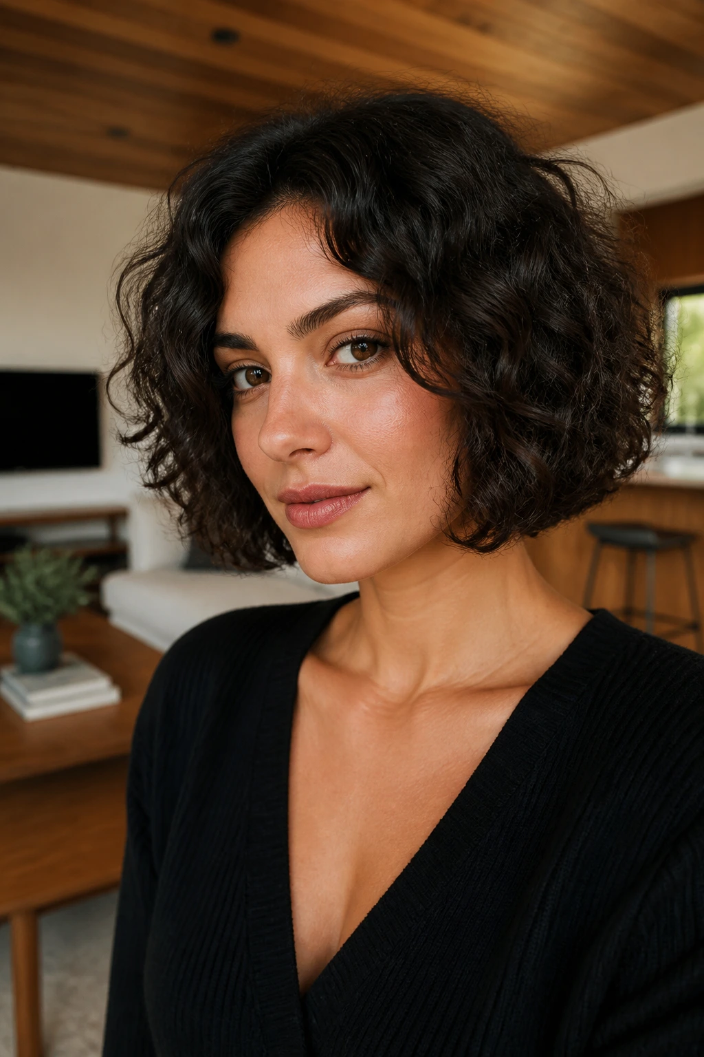 Close-up of a real woman with a blunt-cut chin-length bob hairstyle