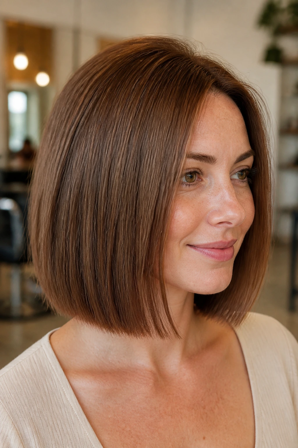Close-up of a real woman with a blunt cut and hidden crown layers highlighting crown lift.
