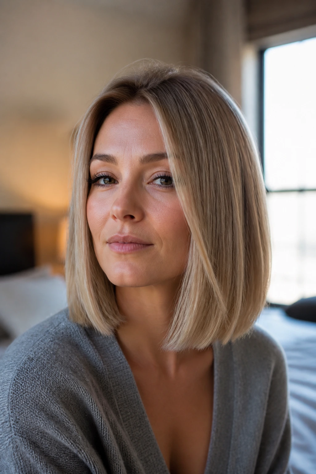 Close-up portrait of a real woman with blunt cut and crown lift for fine hair