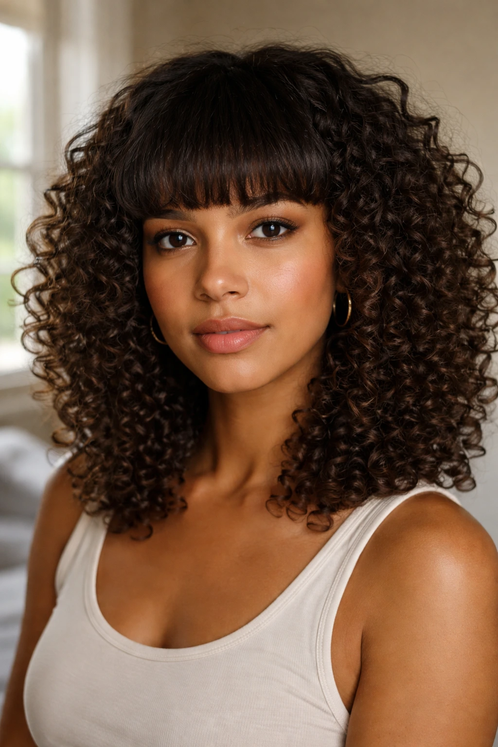 Close-up portrait of a real person with a blunt-cut curly fringe in a calm bedroom