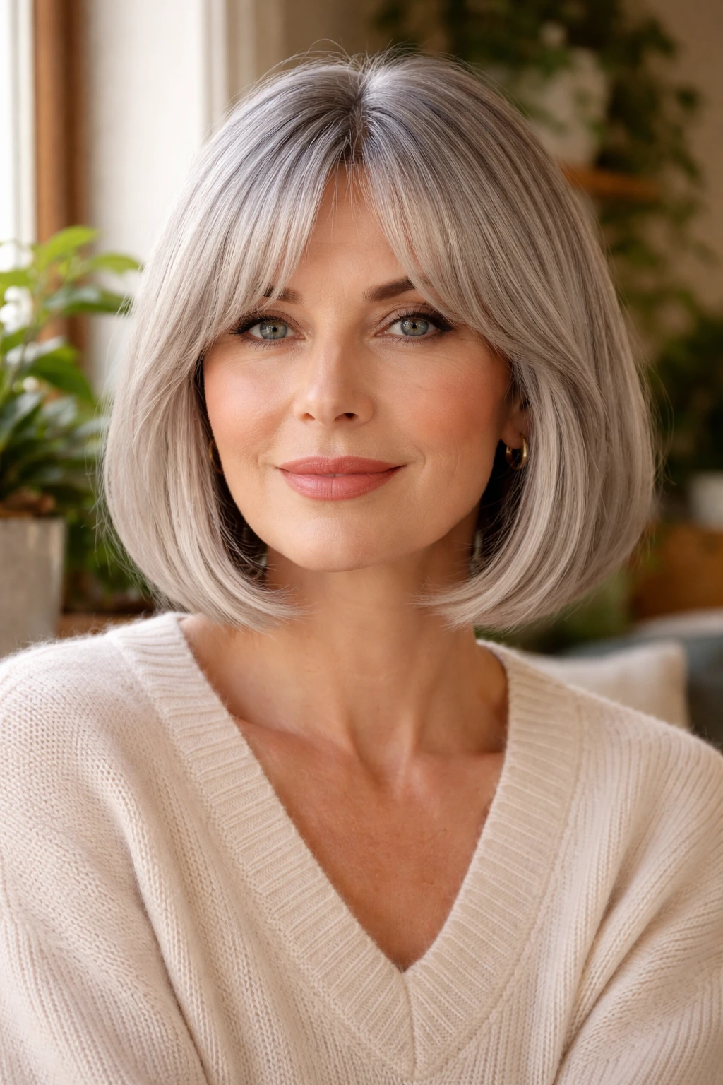 Portrait of a woman with blunt-cut bob and curtain bangs framing her face.