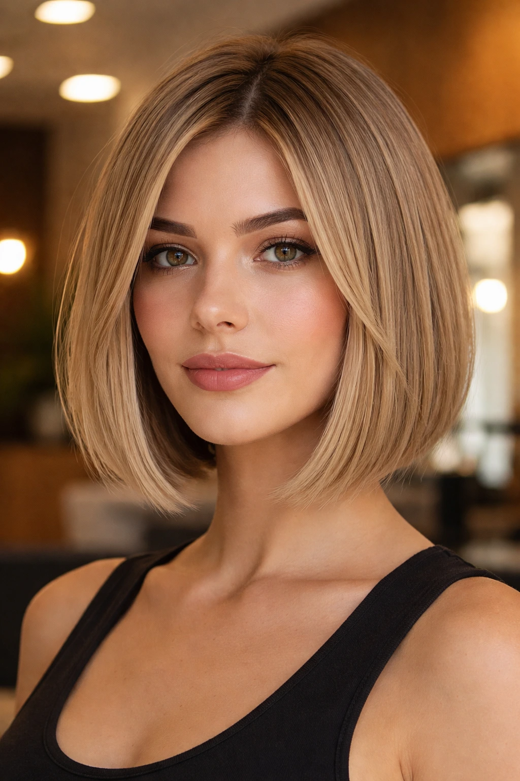 Real woman with blunt bob and subtle face-framing layers in a warm salon