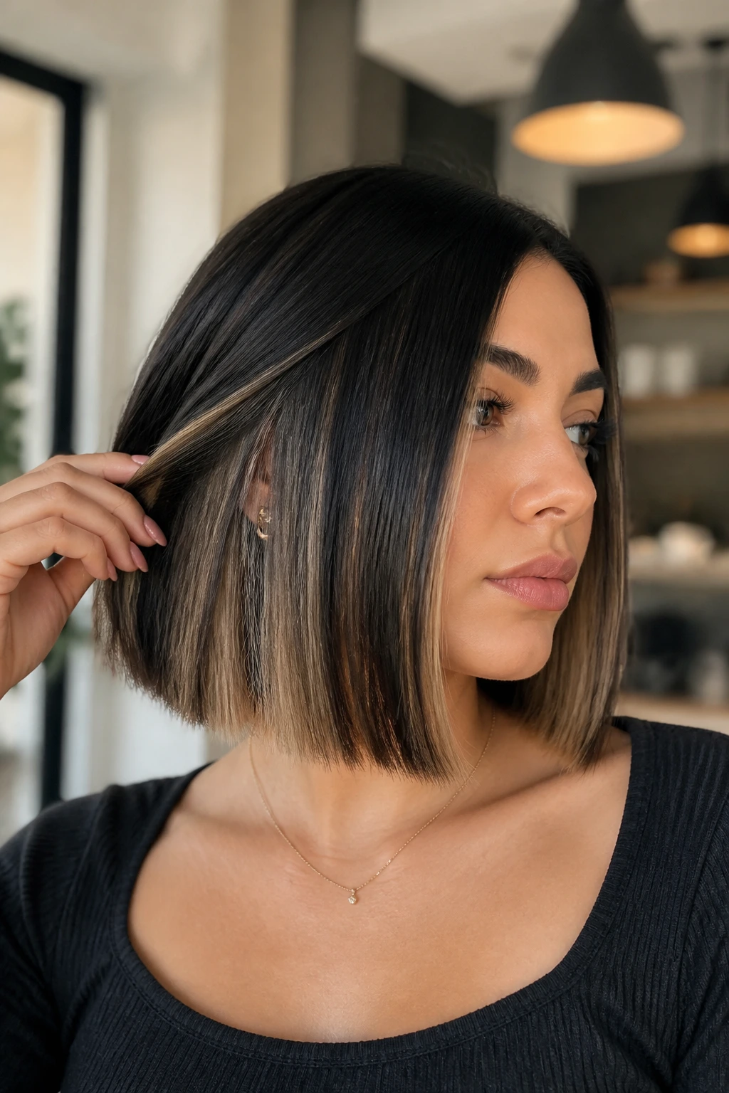 Close-up of a real woman with a blunt black bob featuring internal blonde dimension