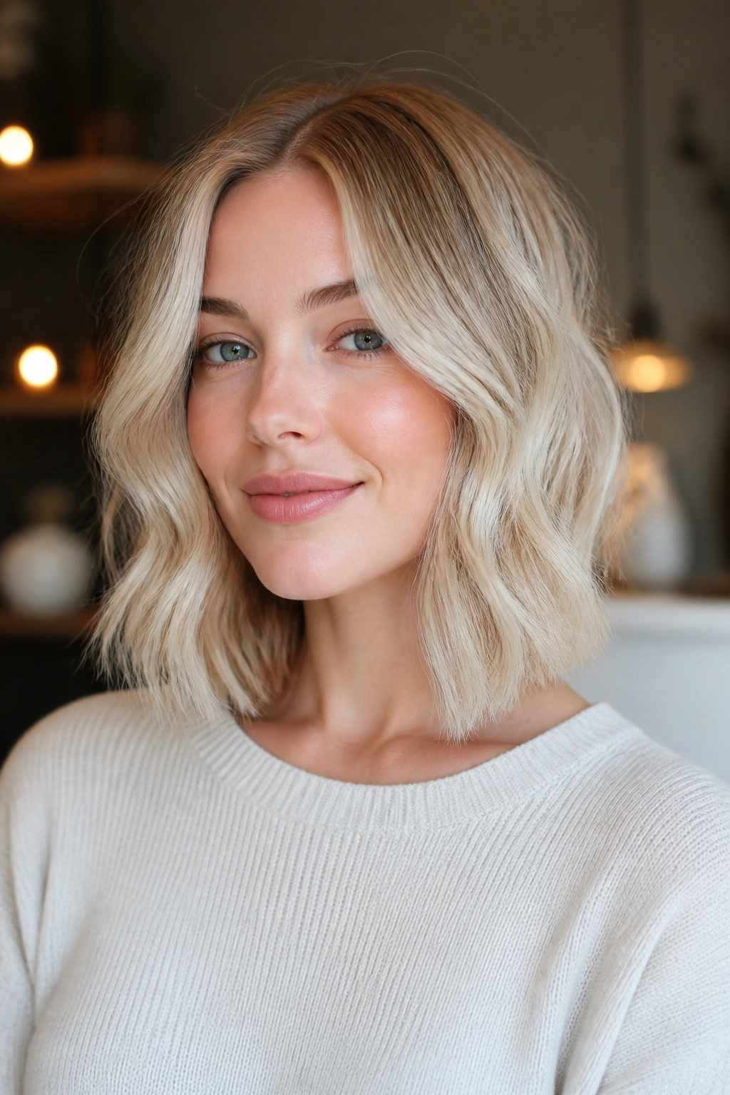 Close-up of a real woman with a wavy blunt cut in pearl blonde.