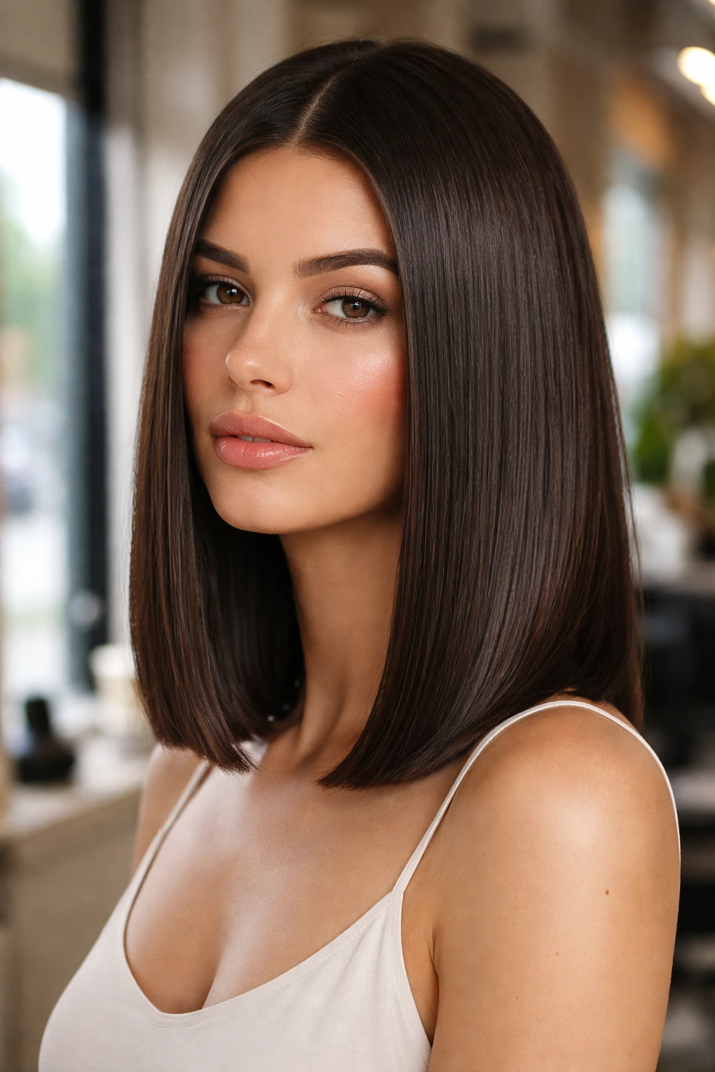 Close-up portrait of a real woman with a blunt cut lob, sharp horizontal edge, glossy hair