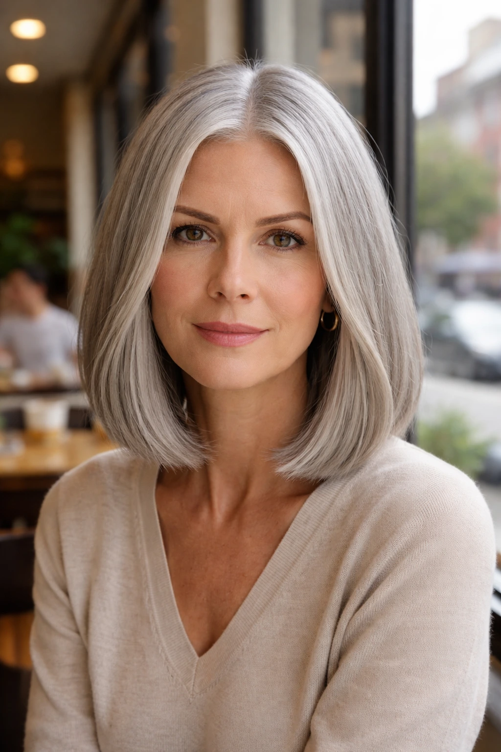 Portrait of a real woman with blunt-cut lob and center part
