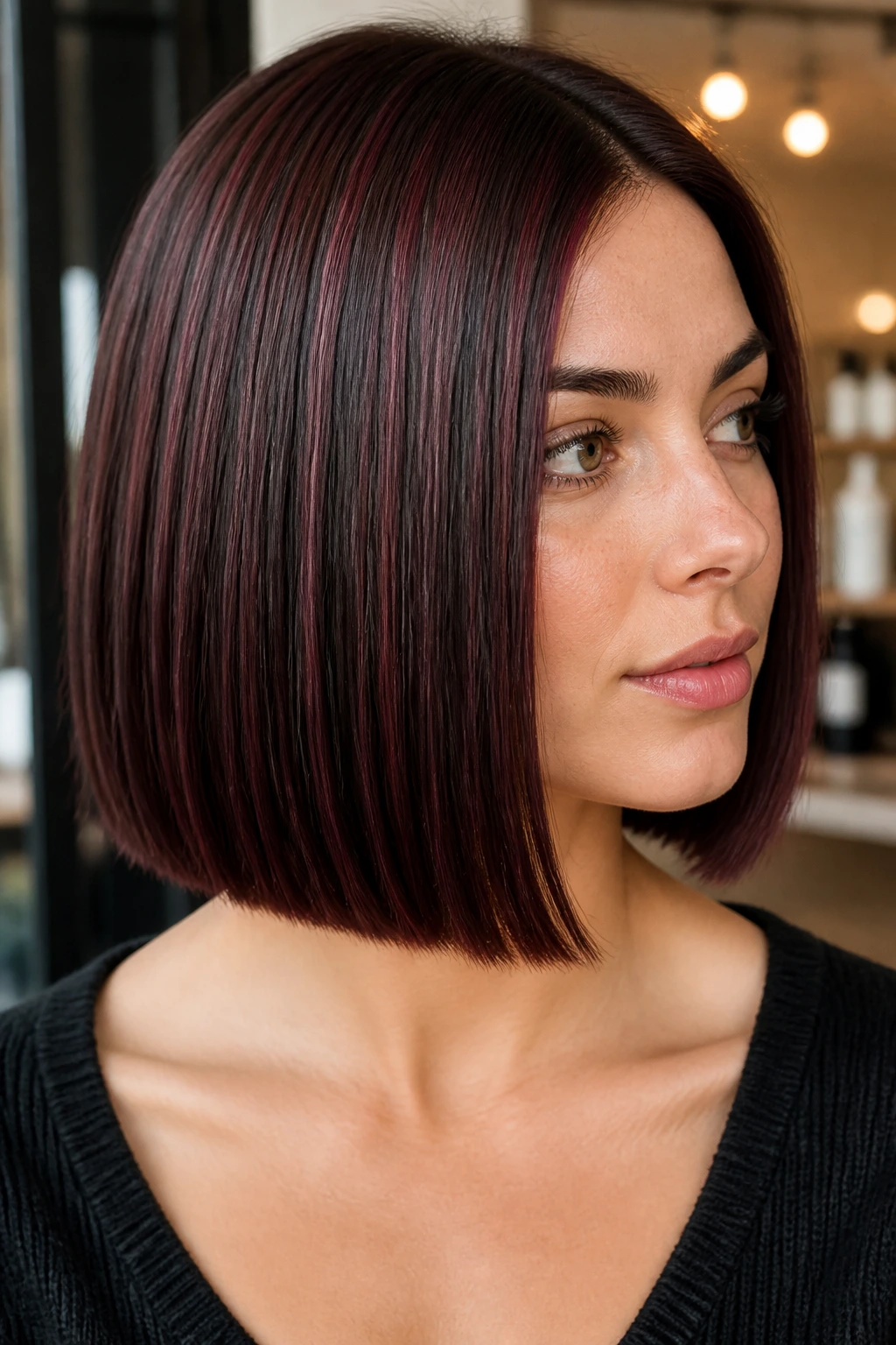 Close-up portrait of a real person with a straight blunt cut bob and micro-babylights burgundy