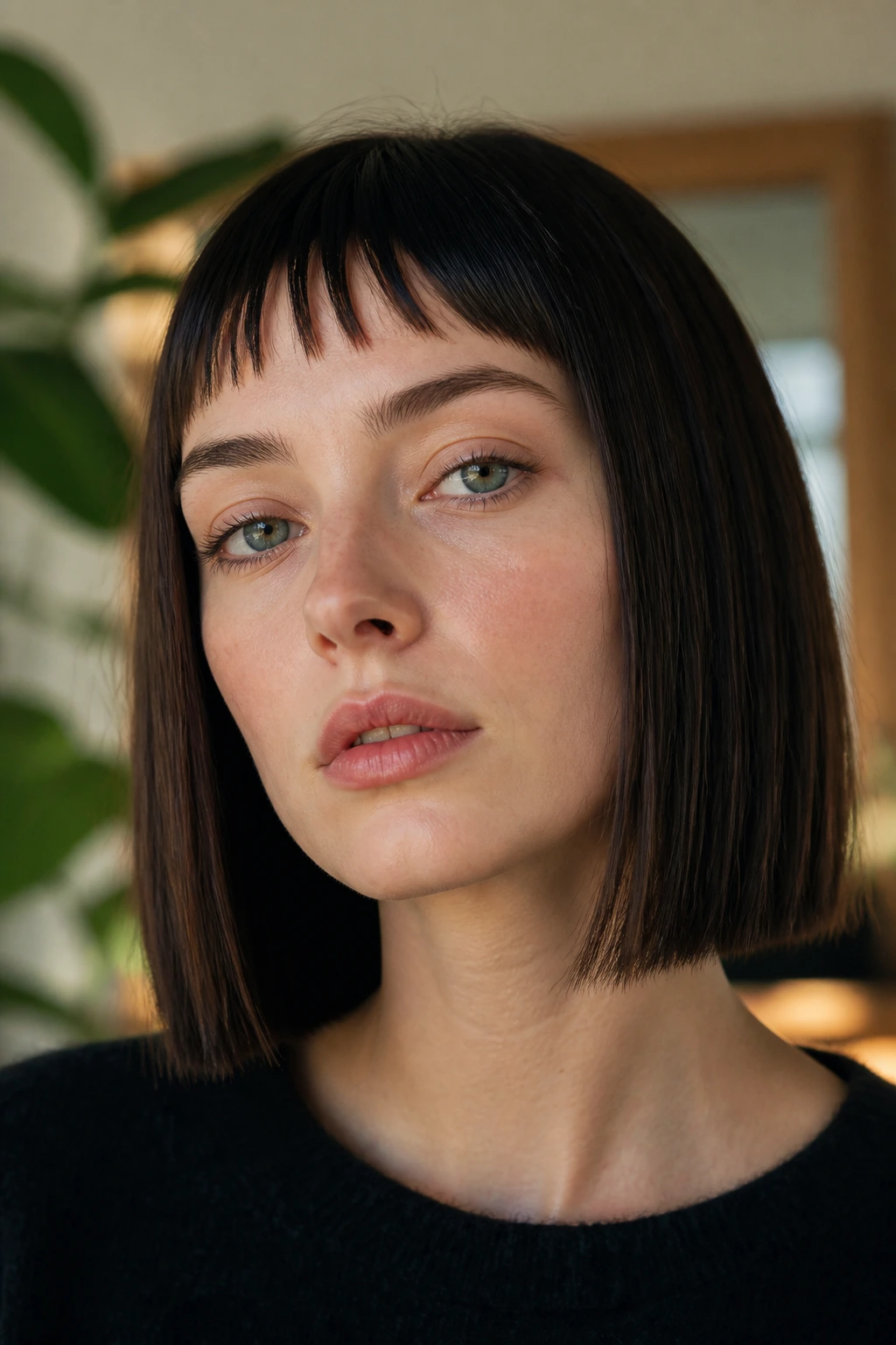 Close-up portrait of a real woman with a blunt cut and wispy micro fringe.