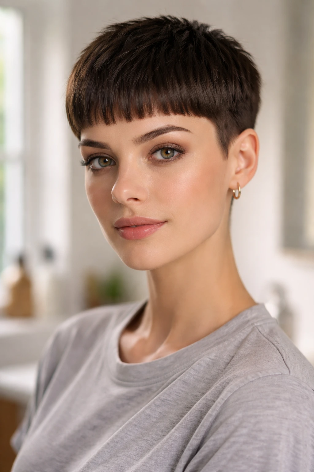 Brunette woman with blunt-cut micro pixie hairstyle in a bright bathroom