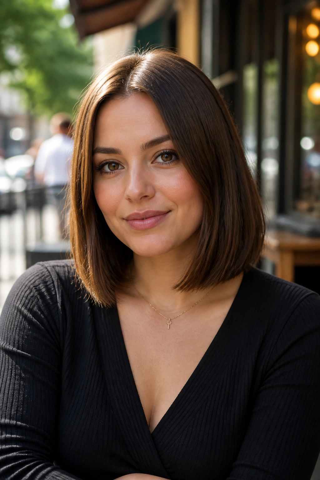 Close-up of a woman with blunt mid-length haircut in outdoor cafe lighting.