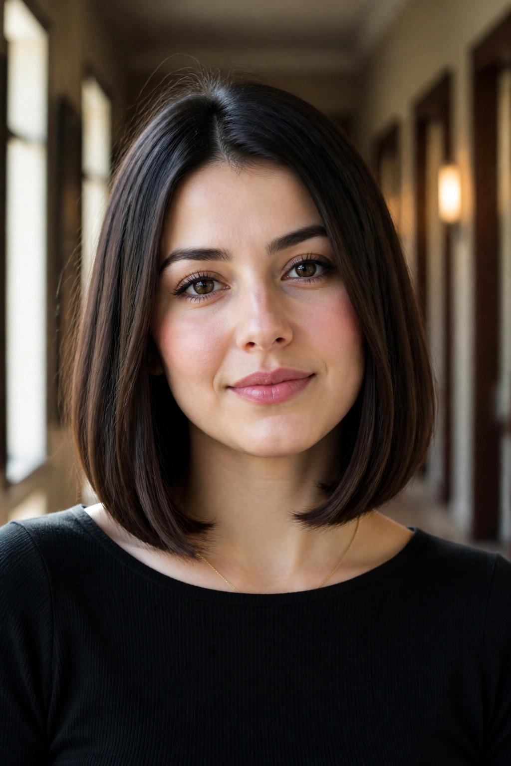 Close-up of a real person with blunt mid-length cut and tucked-in ends in warm light