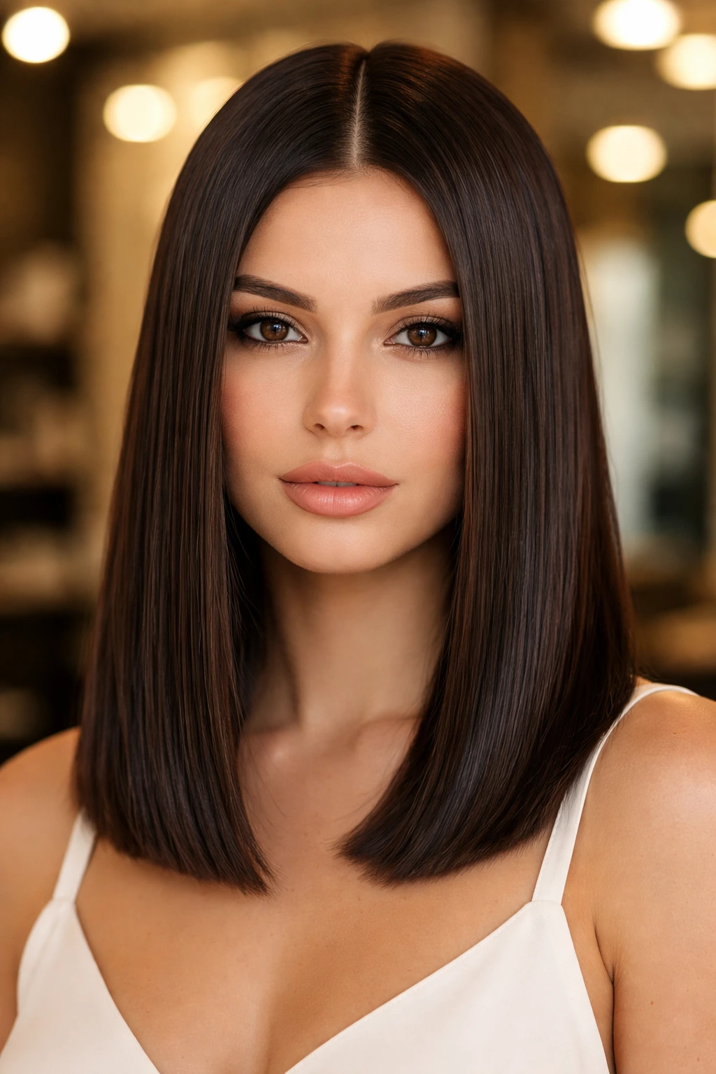 Close-up of real brunette with blunt cut and middle part.