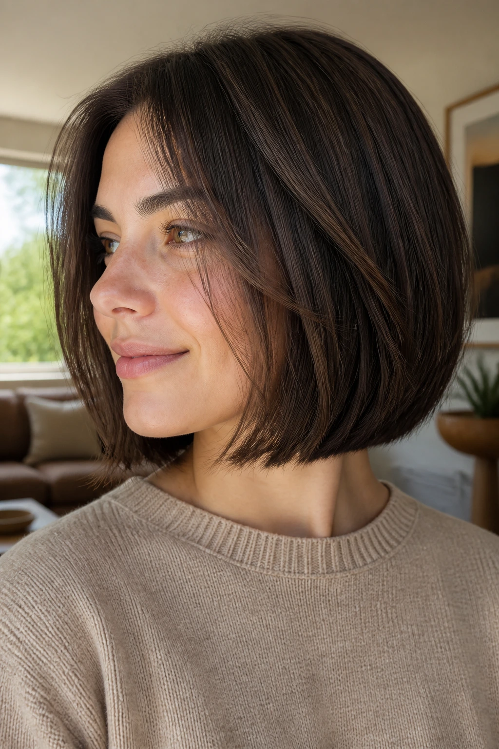 Close-up portrait of a real woman with a blunt-base bob showing density and hidden movement.