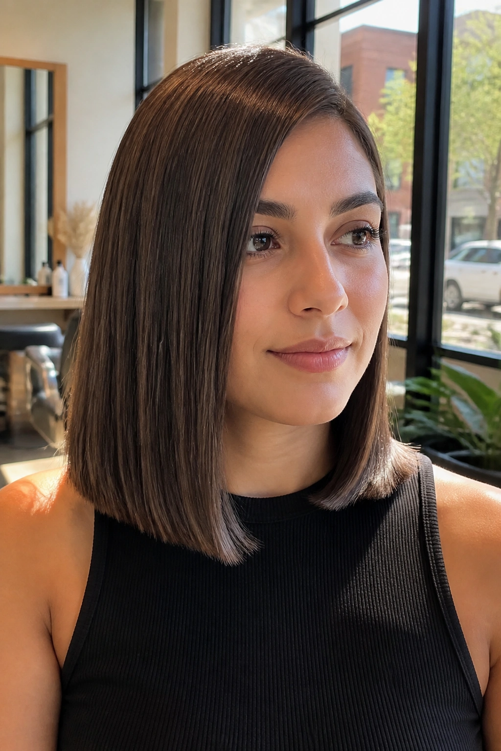 Close-up of a woman with a blunt shoulder-length cut and off-center part.