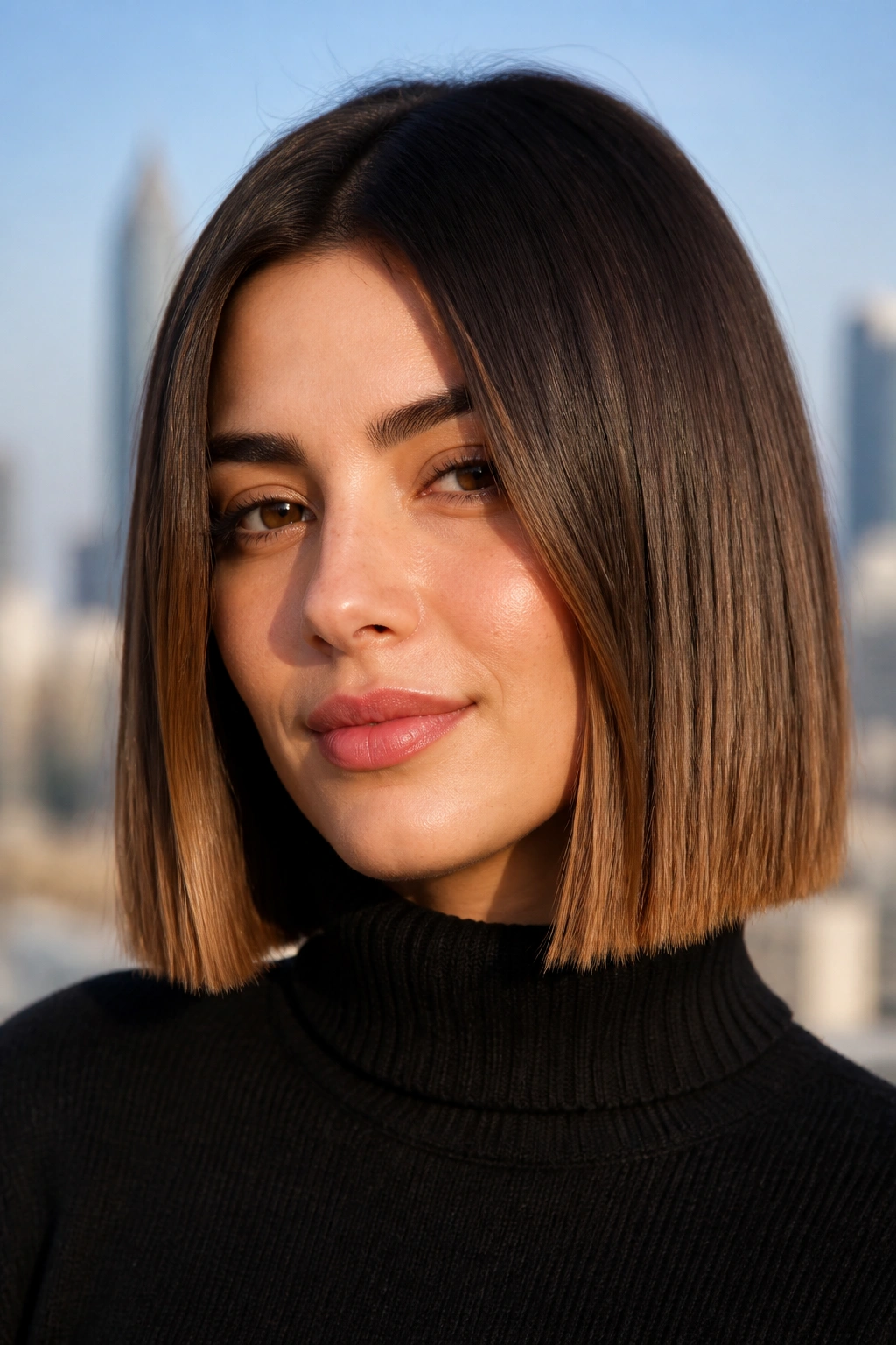 Real woman with dark-to-light brown ombre blunt cut on a city rooftop morning light