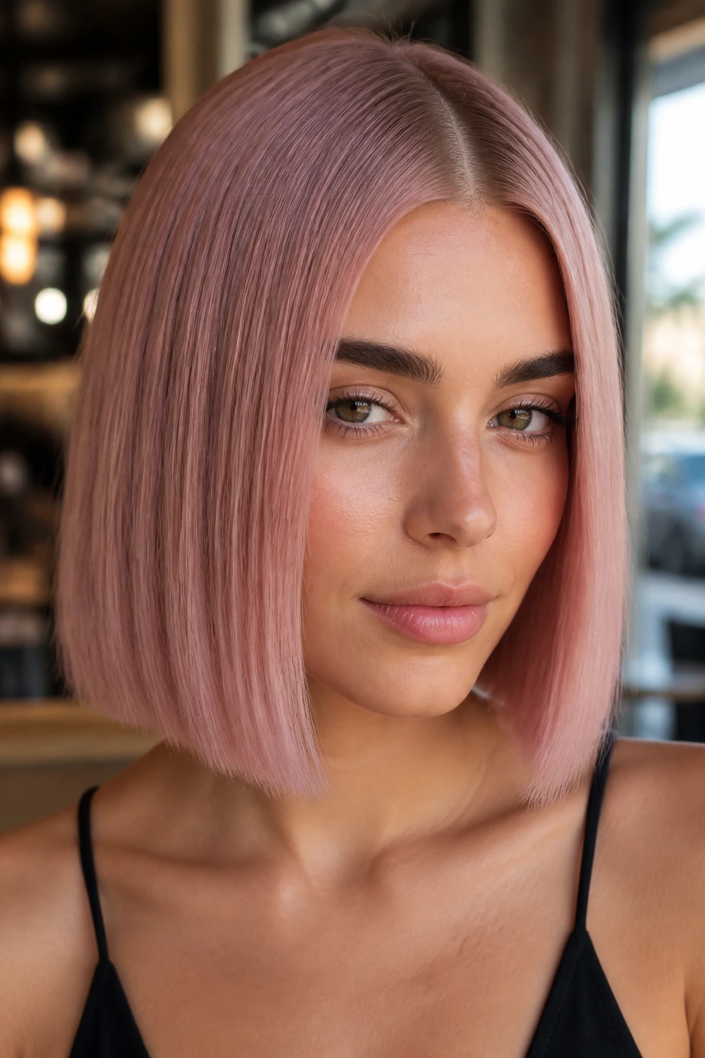 Real woman with pastel rose gold blunt cut bob