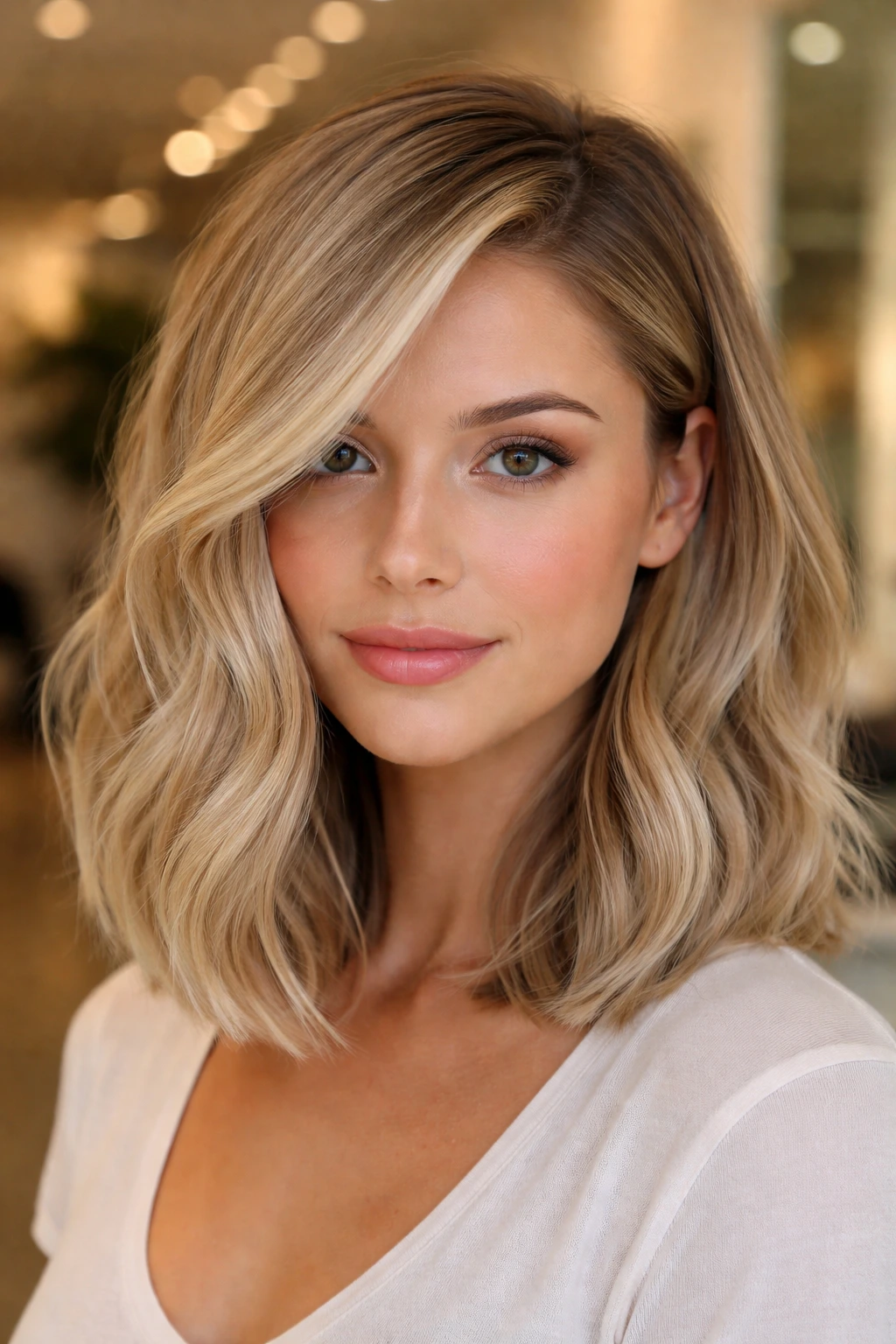 Close-up portrait of a real woman with a blunt cut and deep side part