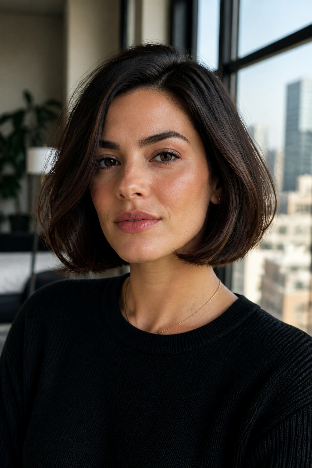 Real woman with soft-styled blunt cut for square faces in window light