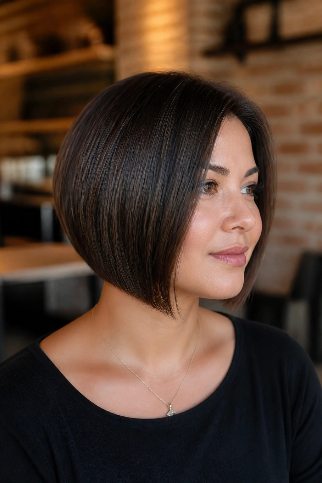 Real woman with blunt-cut stacked bob and slight A-line in cafe setting