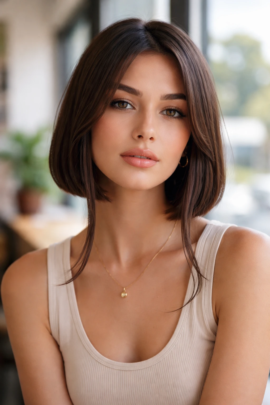 Close-up portrait of a real person with blunt bob and face-framing tendrils under natural light