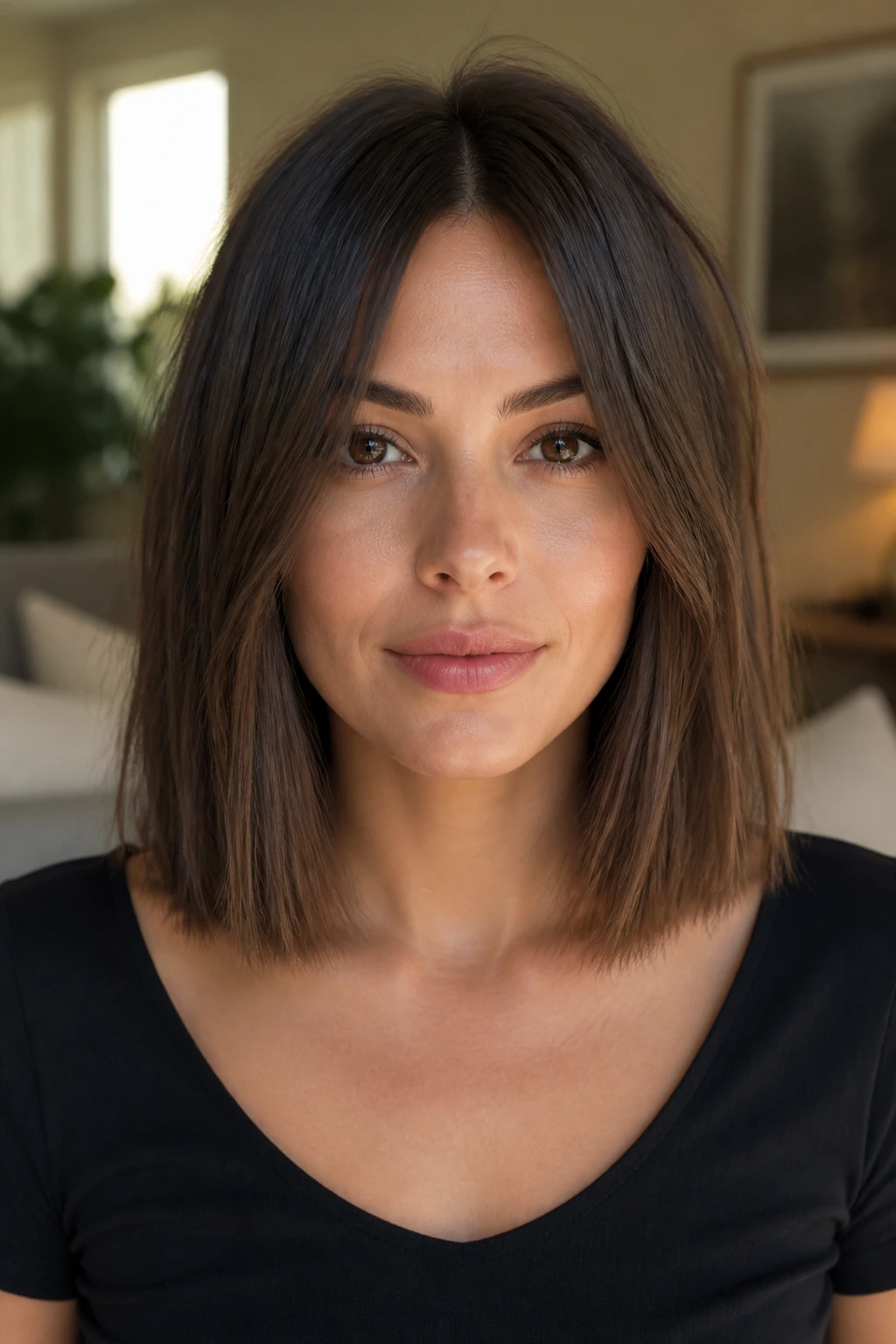 Real woman with blunt cut and textured ends in living room