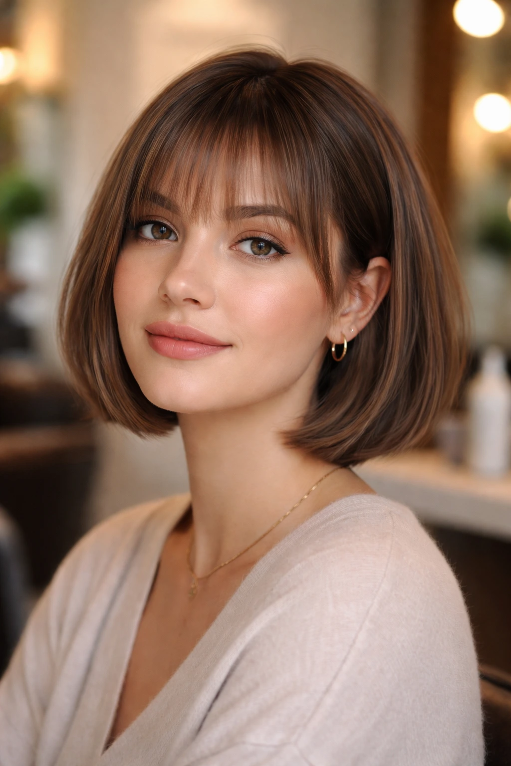 Close-up of a real woman with blunt cut and wispy fringe in soft light