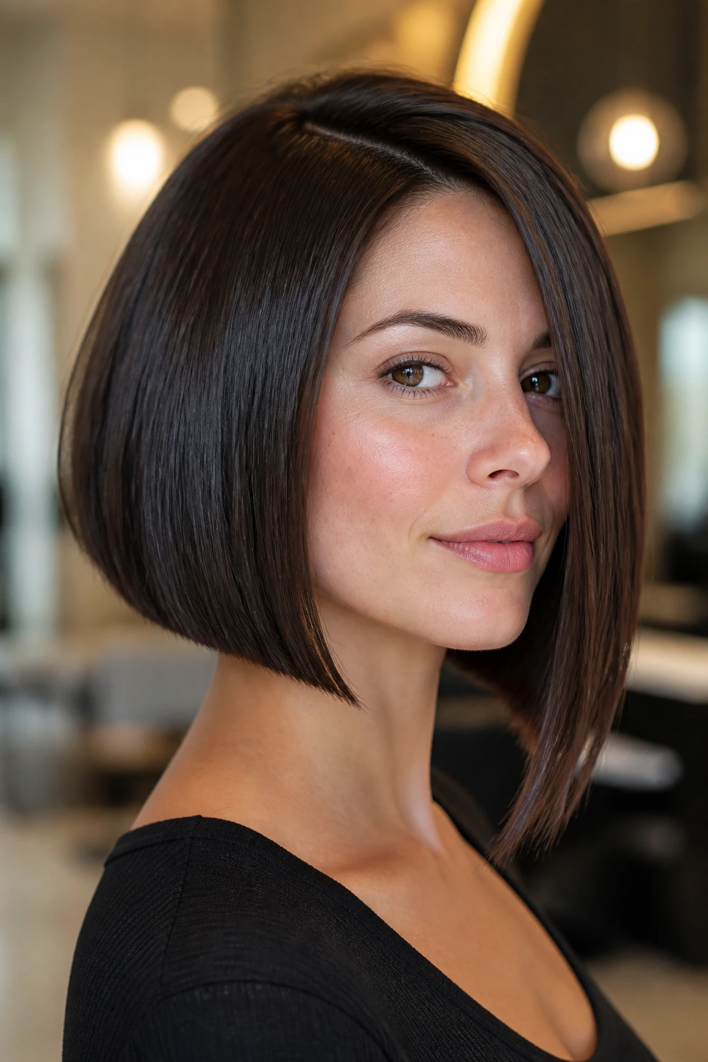 Close-up of a real woman with blunt-edge asymmetrical bob showing dense ends