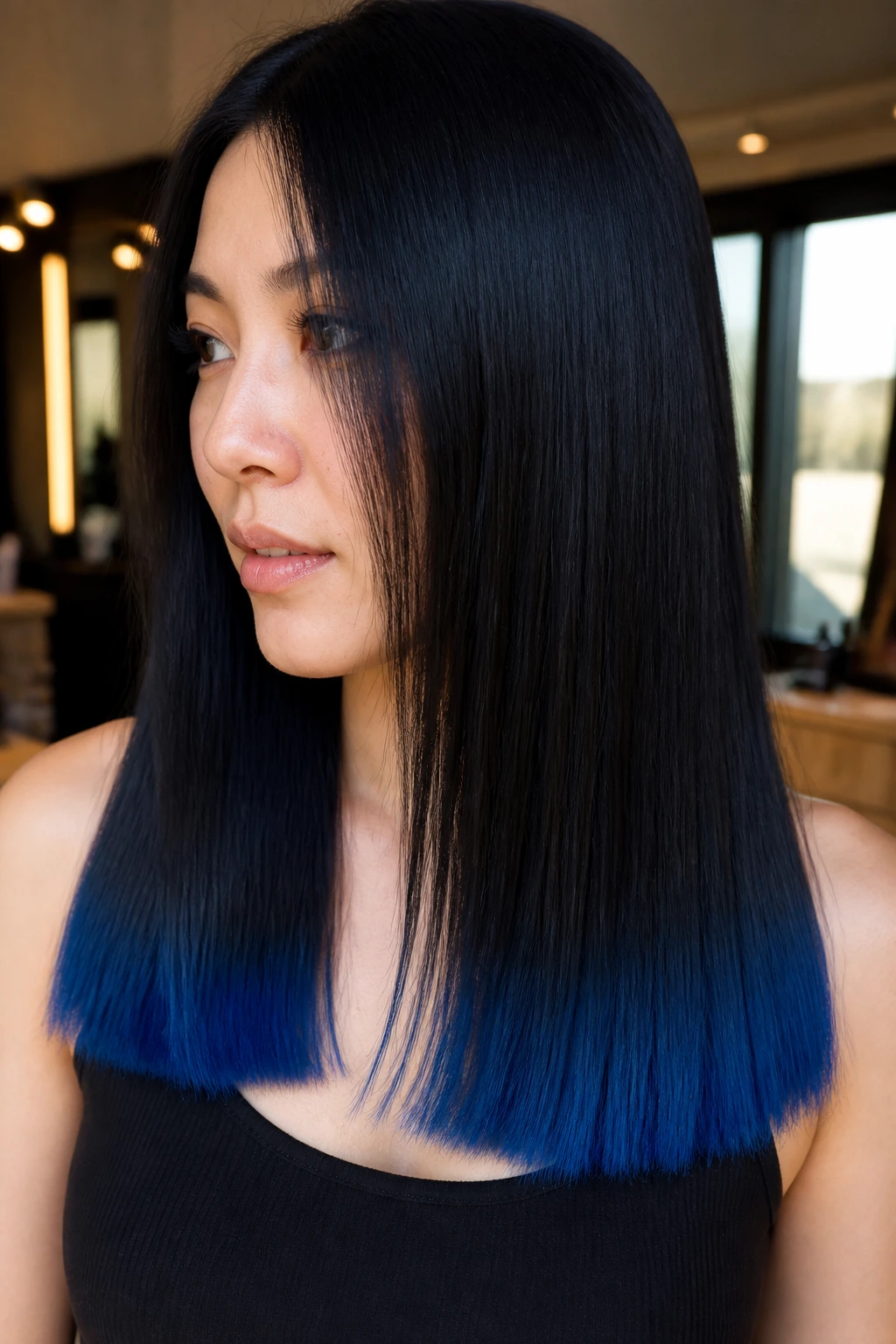 Close-up of a real woman with blunt cut blue edge on long black hair in a warm salon.