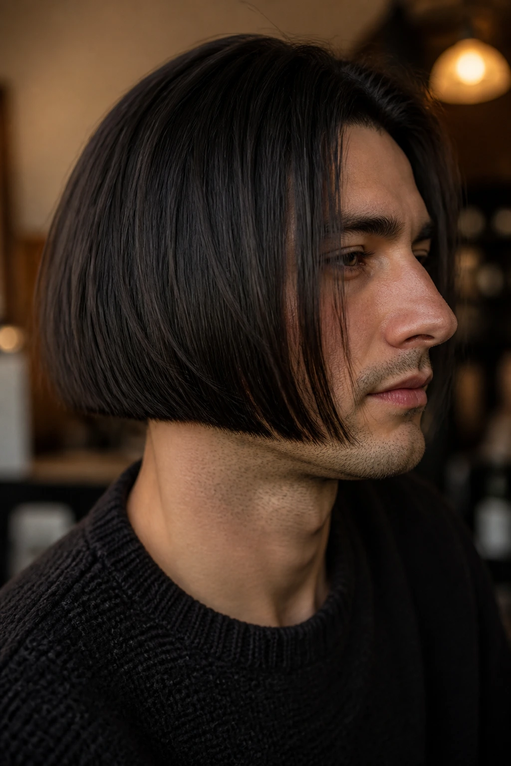 Close-up of man with a crisp blunt edge inverted bob in warm light