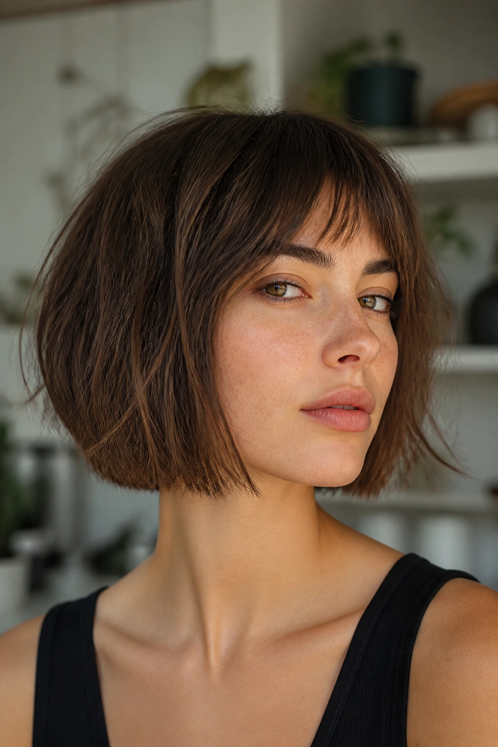 Real person wearing a soft blunt-edge bob with inner choppiness